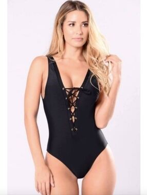 Ree Bees - (Size S) One Piece Lace Up Open Back Black Gold Women's Swimsuit